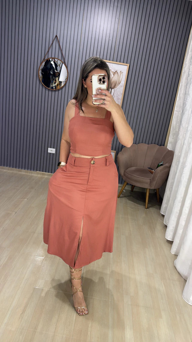 Conjunto Saia Midí Linho